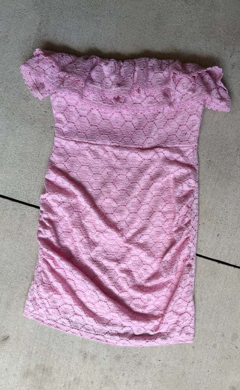 Kate Kasin Pink Off-the-Shoulder Lace Ruffle Bodycon Mini Dress